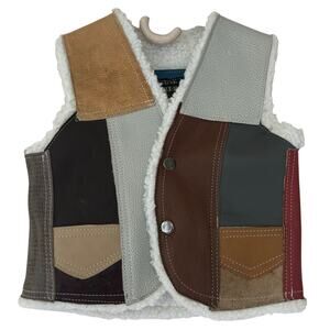 Vintage leather patchwork sharpa lined vest  60s  70s style hippie western 2T